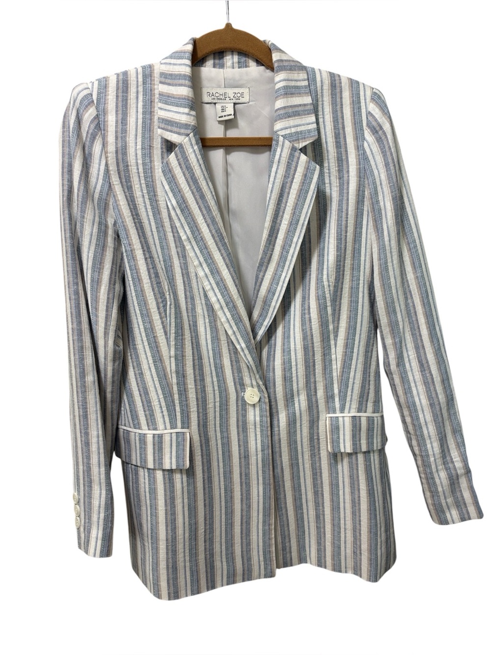 Rachel Zoe Relaxed-fit Linen-blend Striped Blazer in Blue, White & Tan, size S